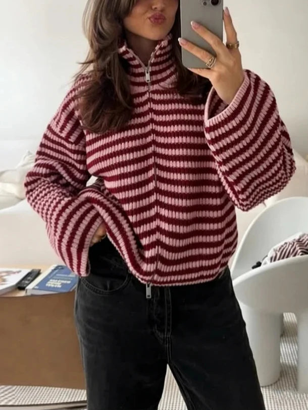 Rosalie | Striped Zip-Up Cardigan